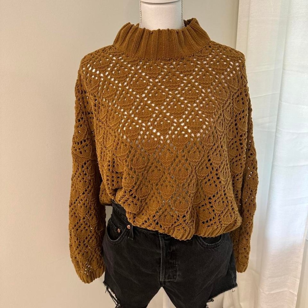 POL Openwork Chenille Knit Crochet Mock Neck Sweater Yellow Mustard Gold Size LG
